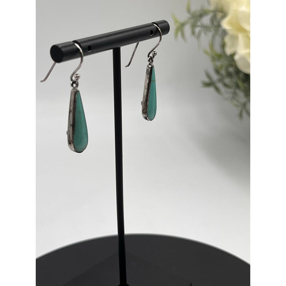 ATI Signed Vintage Sterling Silver Inlay Turquoise Teardrop Dangle Earrings - Picture 3 of 8